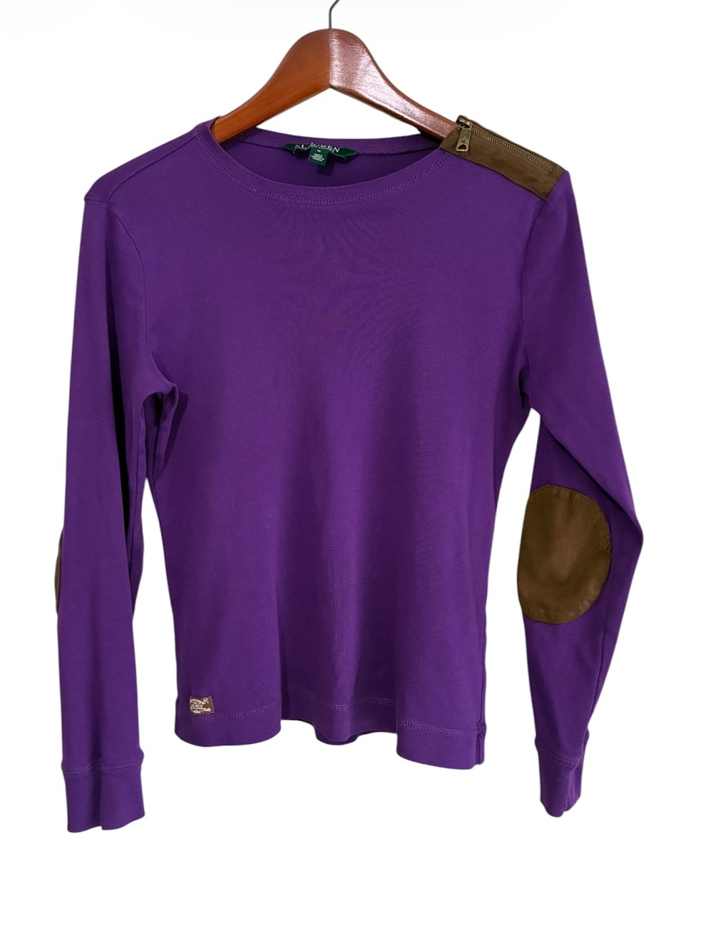Ralph Lauren LRL Women’s Purple Long Sleeve Elbow Patch Top Size Medium